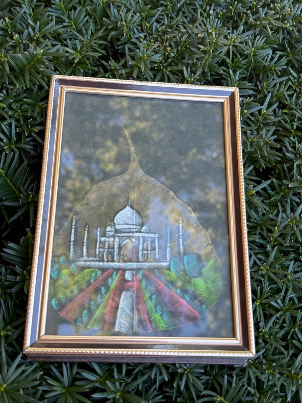 Vintage Brass Framed Hand painted Leaf Taj Mahal Wall Hanging